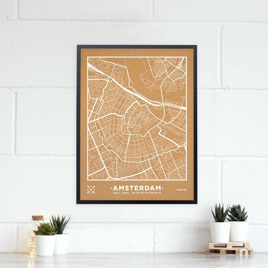 Mapa de corcho - Woody Map Natural Amsterdam-60 x 45 cm / Blanco / Marco Negro-60 x 45 cm-Blanco-Marco NegroMisswood