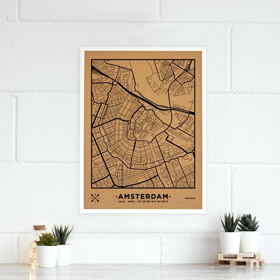 Mapa de corcho - Woody Map Natural Amsterdam-60 x 45 cm / Negro / Marco Blanco-60 x 45 cm-Negro-Marco BlancoMisswood