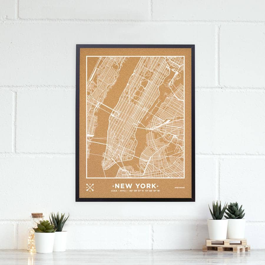 Mapa de corcho - Woody Map Natural Nueva York-60 x 45 cm / Blanco / Marco Negro-60 x 45 cm-Blanco-Marco NegroMisswood