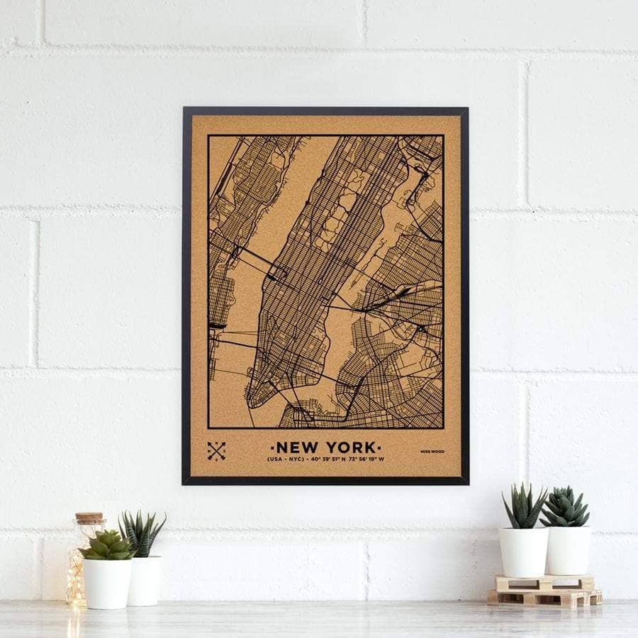 Mapa de corcho - Woody Map Natural Nueva York-60 x 45 cm / Negro / Marco Negro-60 x 45 cm-Negro-Marco NegroMisswood