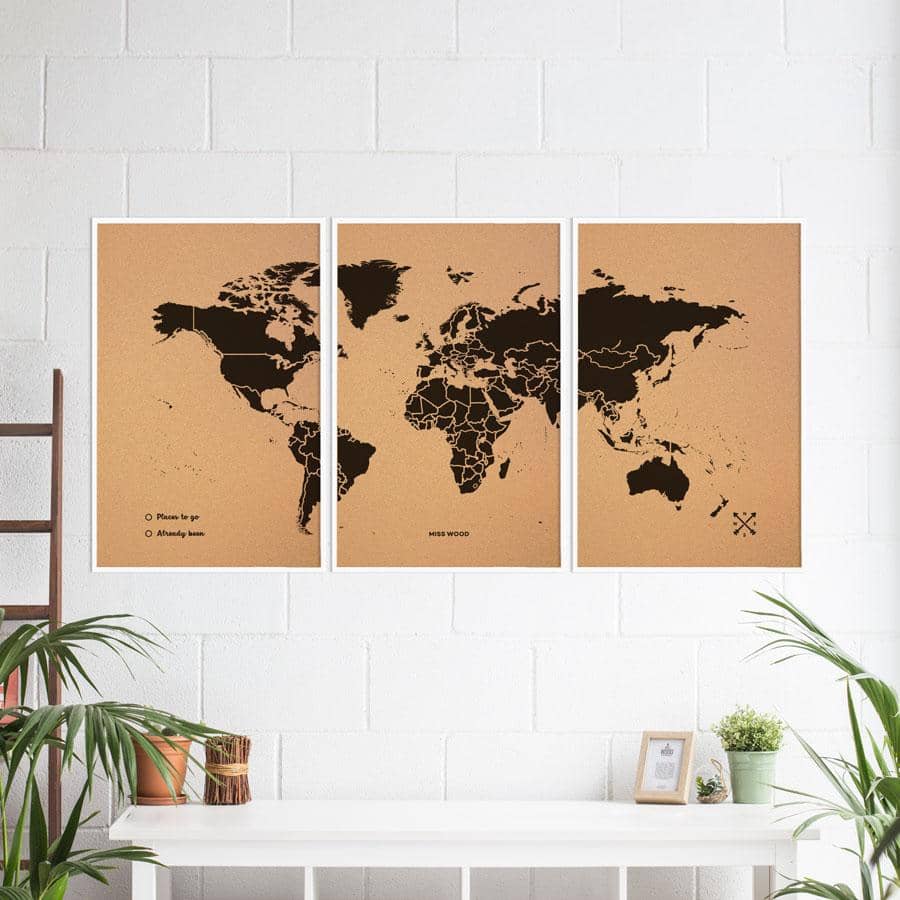Mapamundi corcho - Woody Map Natural World-180 x 90 cm / Negro / Marco Blanco-180 x 90 cm-Negro-Marco BlancoMisswood
