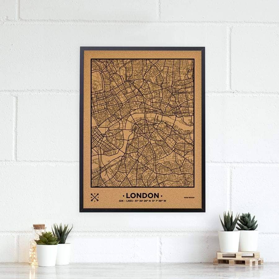 Mapa de corcho - Woody Map Natural Londres-60 x 45 cm / Negro / Marco Negro-60 x 45 cm-Negro-Marco NegroMisswood