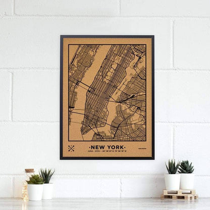 Mapa de corcho - Woody Map Natural Nueva York-60 x 45 cm / Negro / Marco Negro-60 x 45 cm-Negro-Marco NegroMisswood