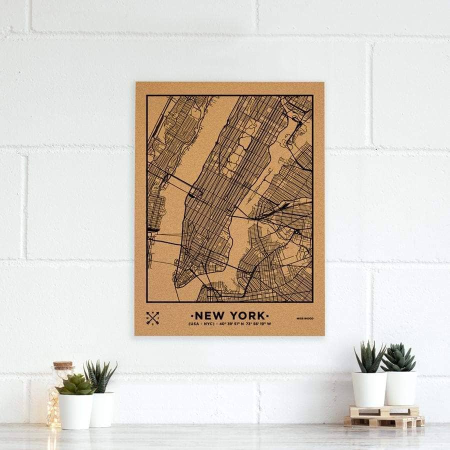 Mapa de corcho - Woody Map Natural Nueva York-60 x 45 cm / Negro / Sin Marco-60 x 45 cm-Negro-Sin MarcoMisswood