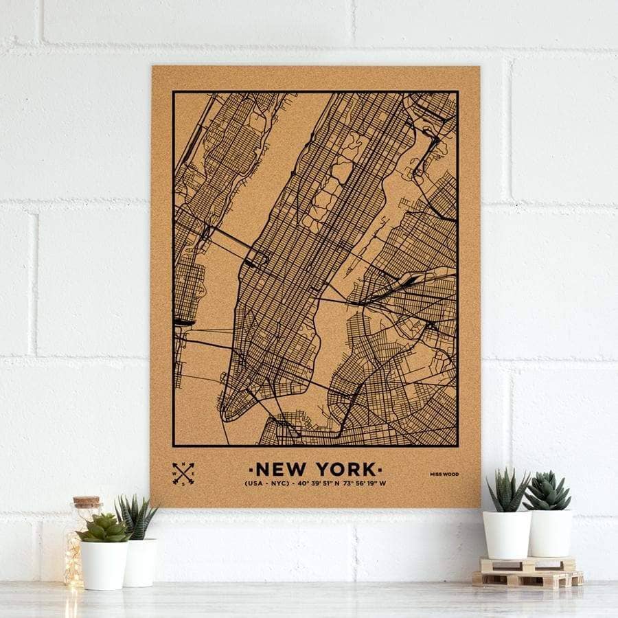 Mapa de corcho - Woody Map Natural Nueva York-90 x 60 cm / Negro / Sin Marco-90 x 60 cm-Negro-Sin MarcoMisswood